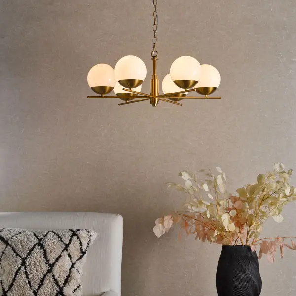 Bombazine 6 Light Pendant in Natural Brass C/W Opal Shades